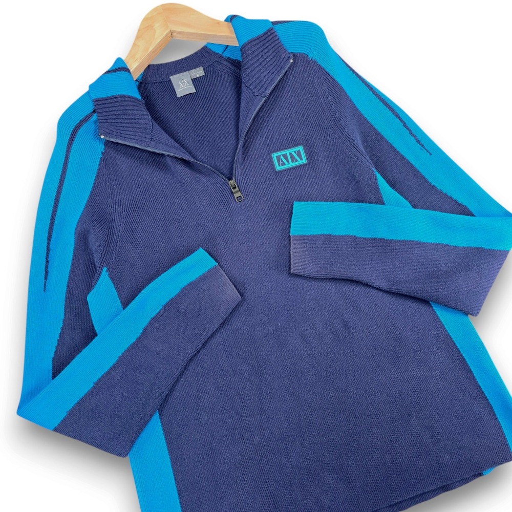 Armani Exchange Mens XL Navy Blue Cotton Colorblock Quarter Zip Ribbed Sweater